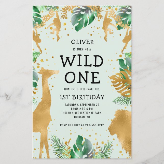Papier Budget Wild One Green Gold Safari Invitation (Devant)