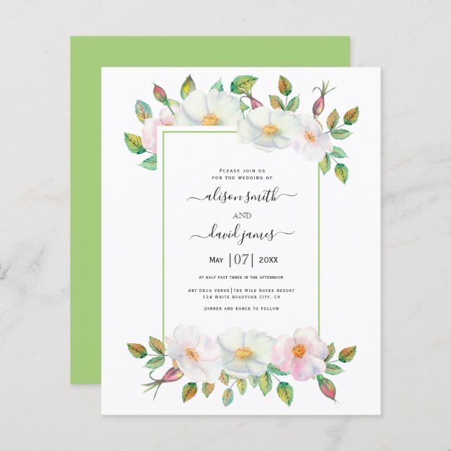 Papier BUDGET Wild rose vert faire-part de mariage (Devant / Derrière)