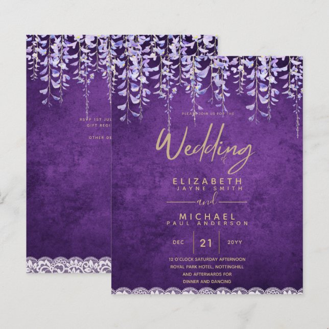 Papier BUDGET Wisteria Purple Floral Lace Mariage INVITE (Devant / Derrière)