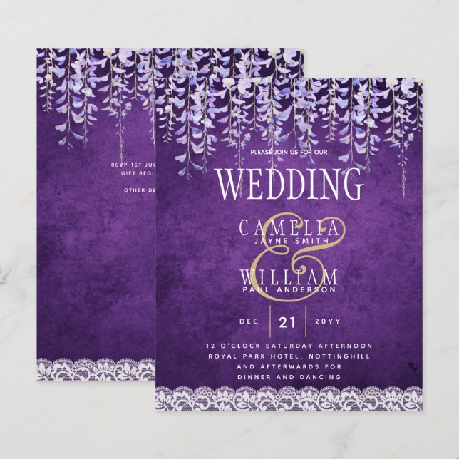 Papier BUDGET Wisteria Purple Floral Lace Mariage INVITE (Devant / Derrière)