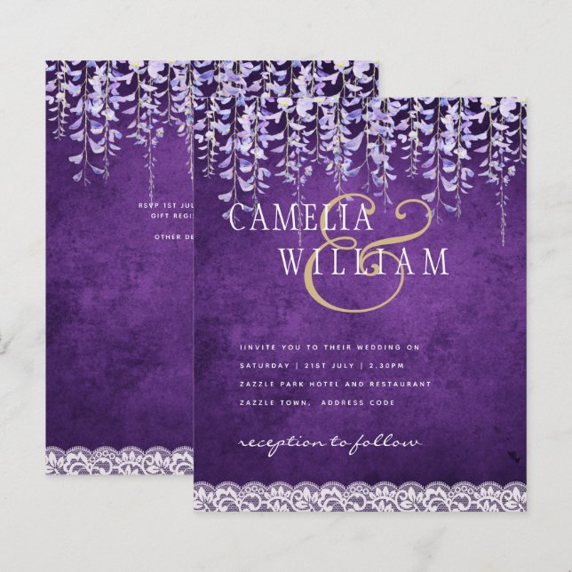 Papier BUDGET Wisteria Purple Floral Lace Mariage INVITE (Devant / Derrière)