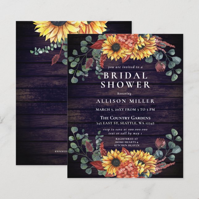Papier Budget Wood Sunflowers Invitation de douche nuptia (Devant / Derrière)