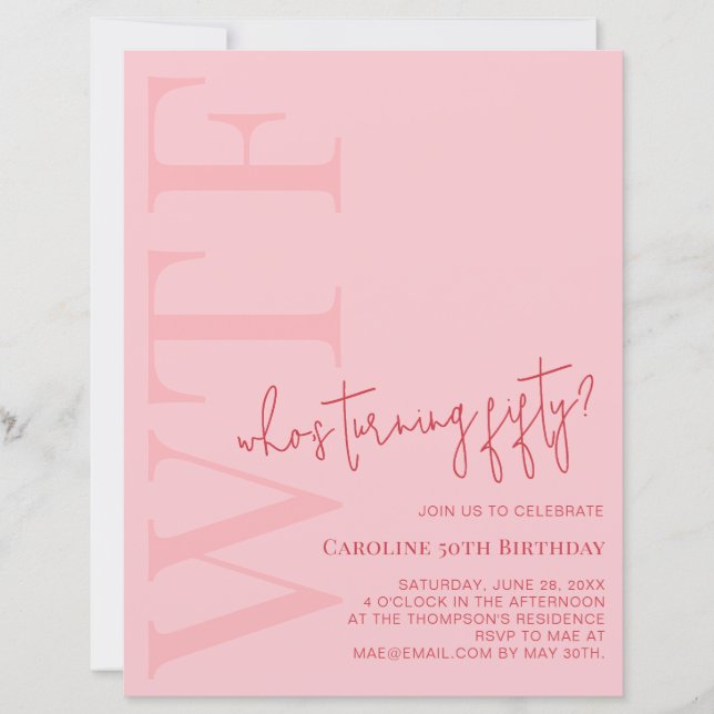 Papier Budget WTF Who's Turning Fifty | Pink Red Birthday (Devant)