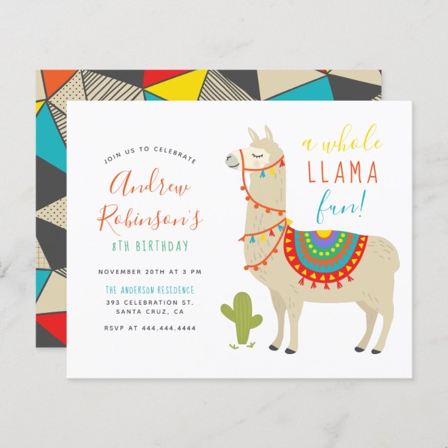 Papier Budgetiser une fête d'anniversaire d'un lama amusa (Devant / Derrière)