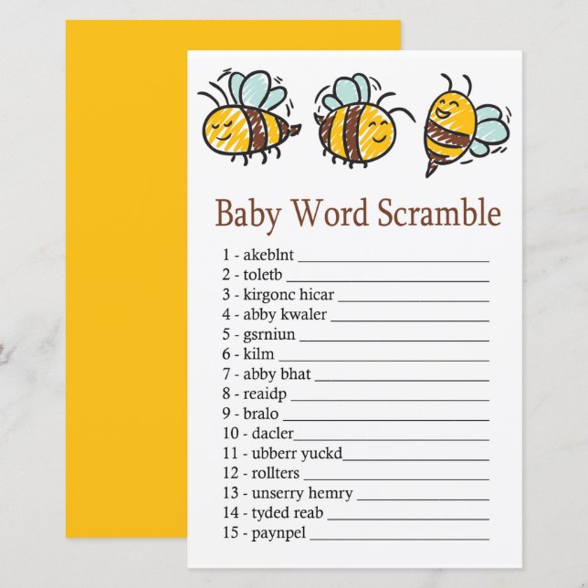 Papier Bumble Bee Baby jeu de mots scramble (Devant / Derrière)
