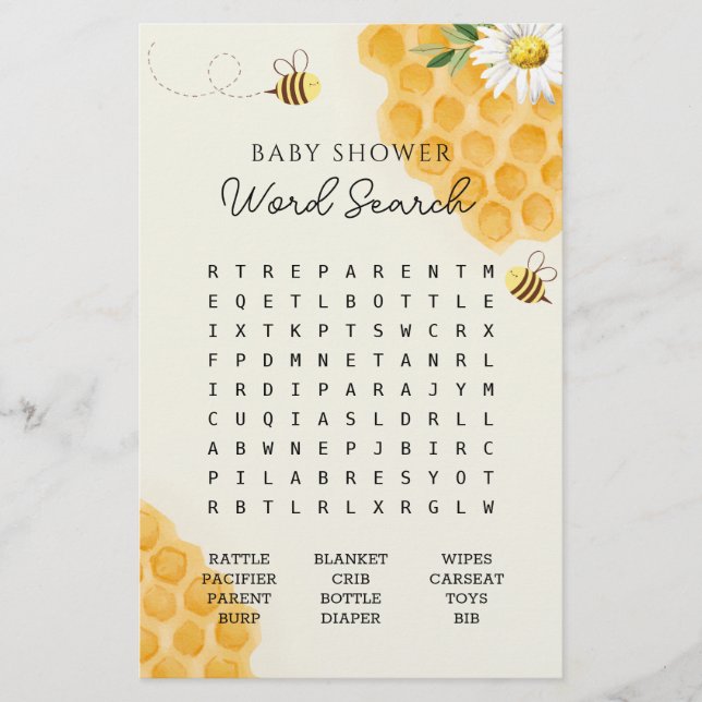 Papier Bumble Bee Baby shower Word Recherche Jeu (Devant)