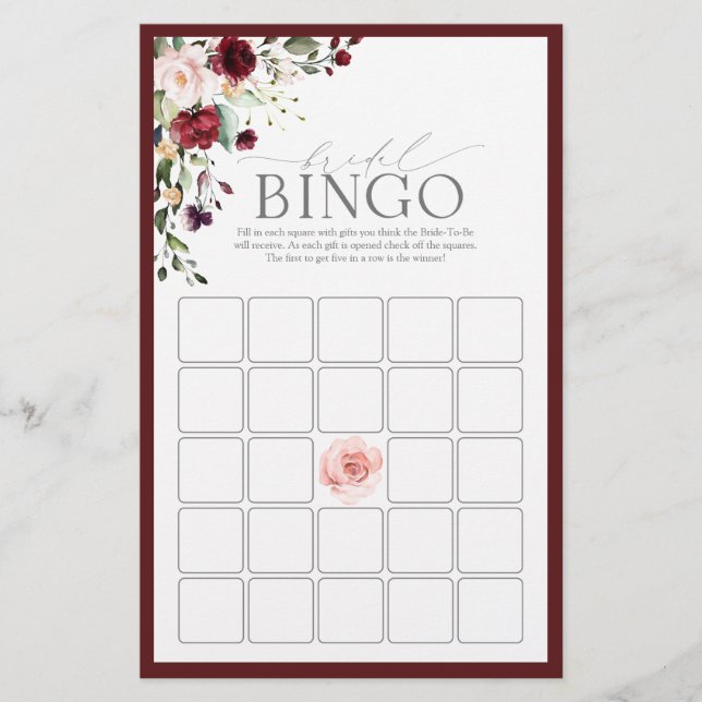 Papier Burgundy Aquarelle Florale Bride Jeu de Bingo (Devant)