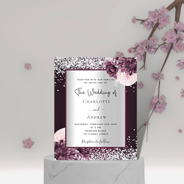 Papier Burgundy argent floraux budget faire-part de maria (Créateur téléchargé)