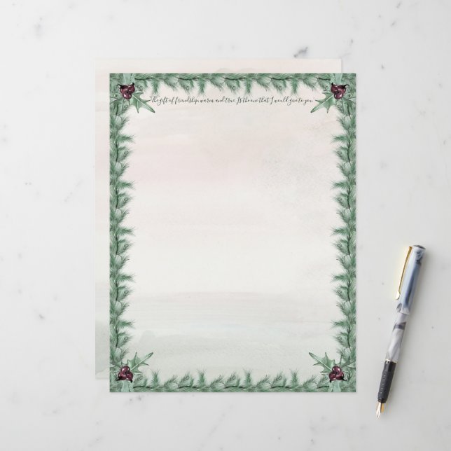 Papier Burgundy Berry Holly Pine Noël (Devant/Arrière en situation)