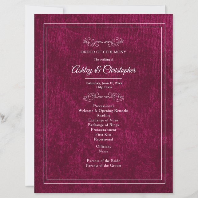Papier Burgundy Berry Velvet White Wedding Program (Devant)
