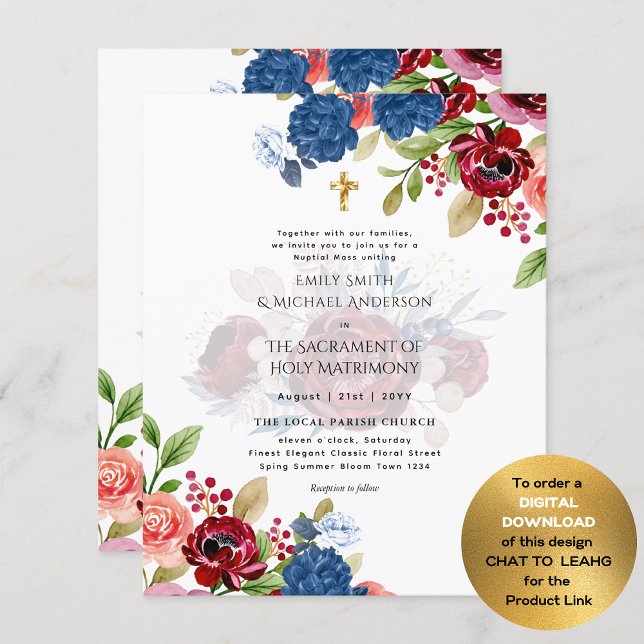 Papier Burgundy Bleu Floral Catholique Messe Nuptiale Mar (Créateur téléchargé)