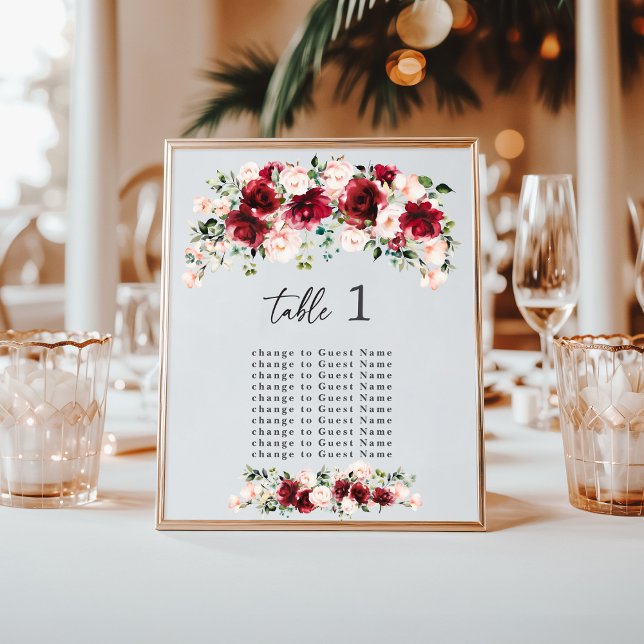 Papier Burgundy Blush Floral Wedding Table Seating Chart (Créateur téléchargé)