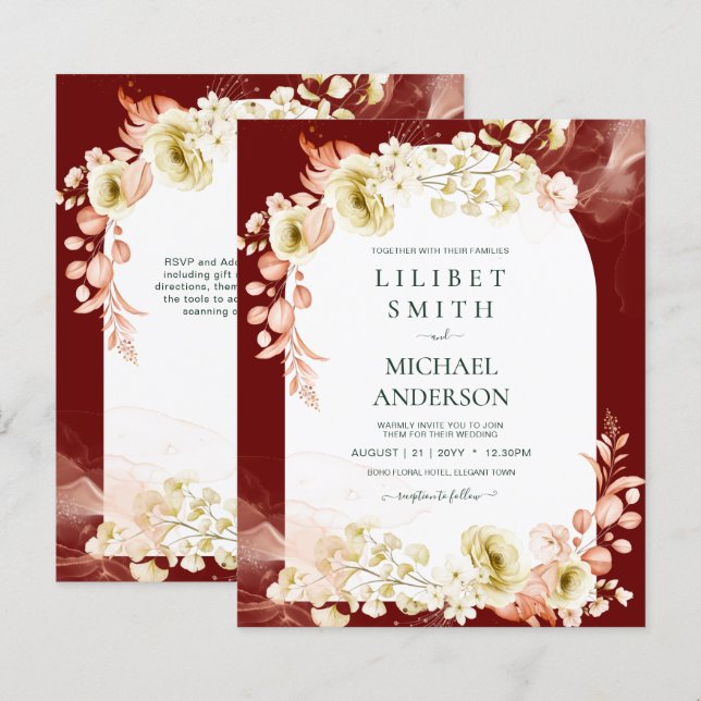 Papier Burgundy Coral Floral Boho Mariage Invitation (Devant / Derrière)