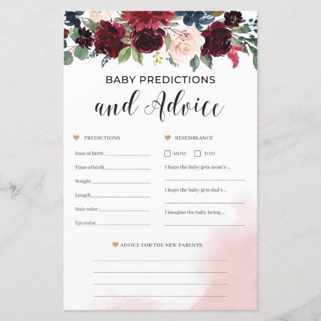 Papier Burgundy floral bébé prédictions et le jeu de cons (Devant)