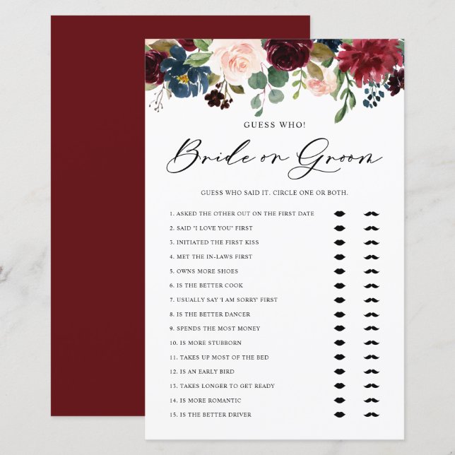 Papier Burgundy Floral Bride ou Groom Fête des mariées je (Devant / Derrière)