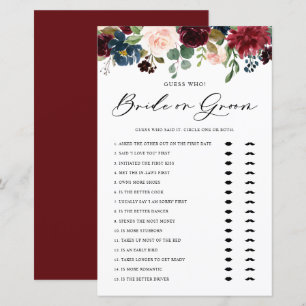 Papier Burgundy Floral Bride ou Groom Fête des mariées je