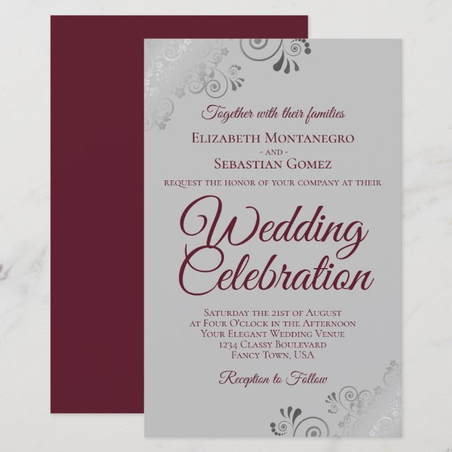 Papier Burgundy & Grey Dentelle BUDGET Mariage Inviter Gr (Devant / Derrière)