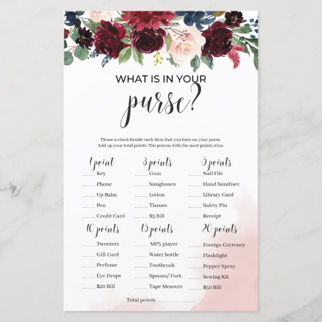 Papier Burgundy marine floral ce qui est dans votre sac à (Devant)