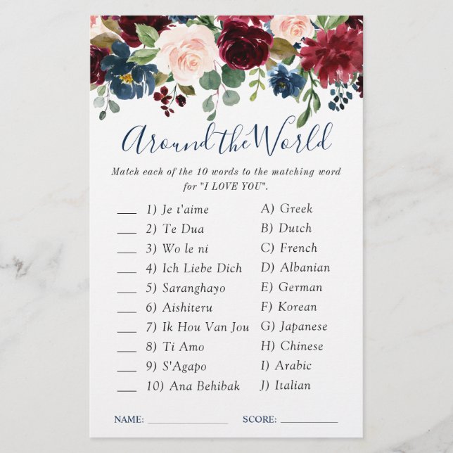 Papier Burgundy Navy Blue Blush Flower Jeu (Devant)