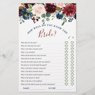 Papier Burgundy Navy Blush Flowers Jeux de Fête des marié