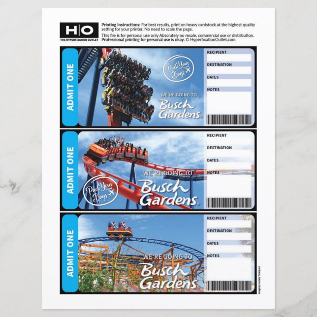 Papier Busch Gardens Faux Ticket pour Voyage et Événement (Devant)