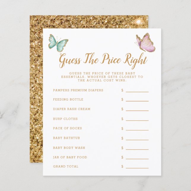 Papier Butterfly Devinez le prix juste jeu de Baby shower (Devant / Derrière)