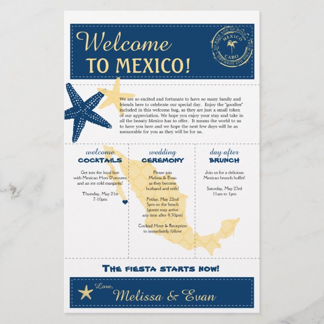 Papier Cabo jaune bleu Mexique Mariage Bienvenue (Devant)