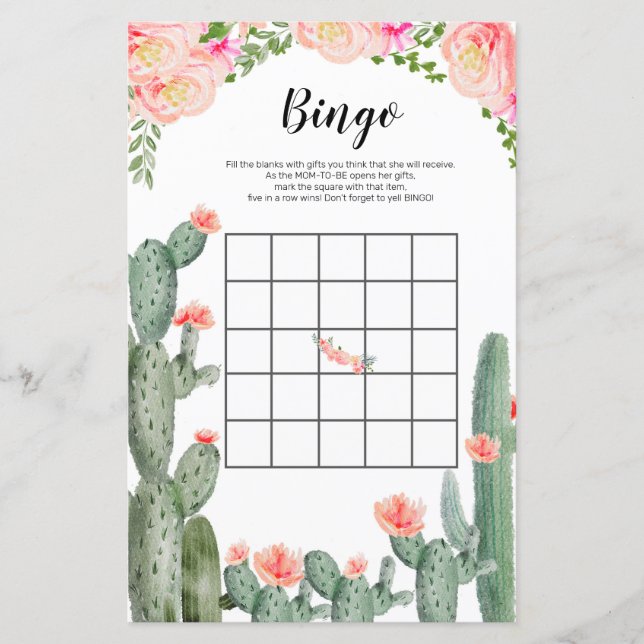 Papier Cactus Floral Aquarelle Jeu de Bingo (Devant)