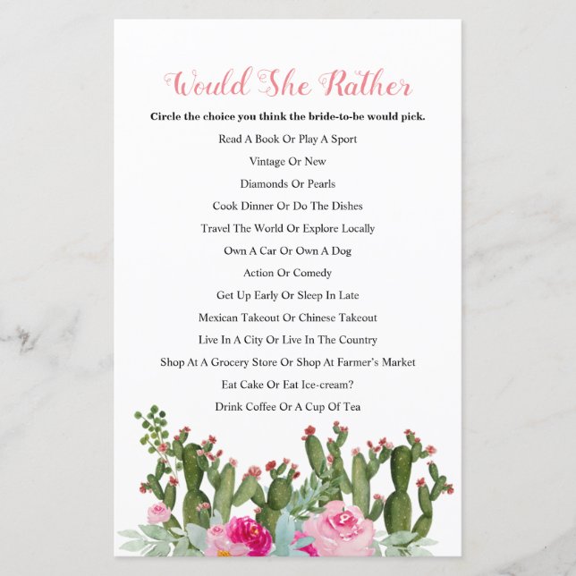 Papier CACTUS Would She Rather Jeu de Fête de Mariage (Devant)