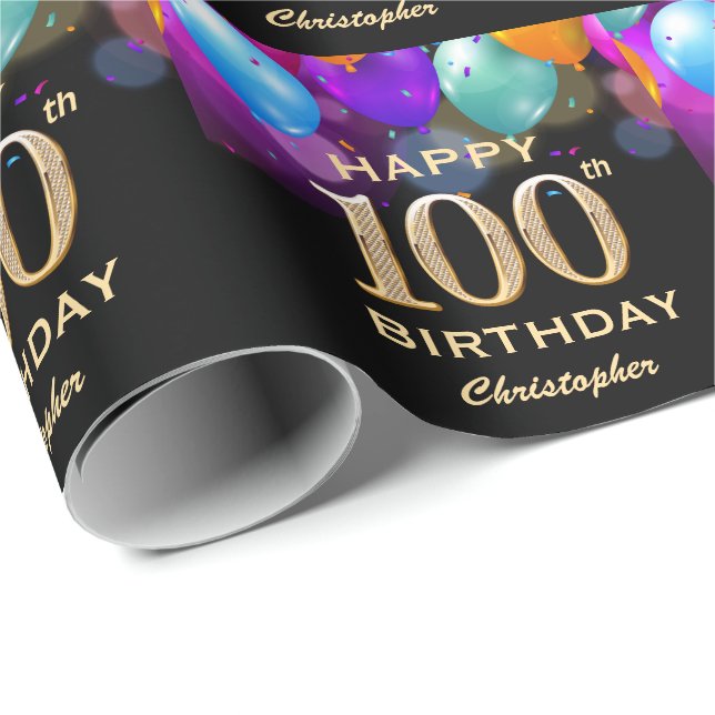 Papier Cadeau 100e fête d'anniversaire Ballons Noir et Or (Coin rond)