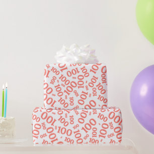 Papier Cadeau 100e Motif de nombre aléatoire corail/blanc moyen