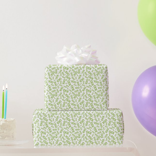 Papier Cadeau 100e Vert/Blanc Motif de nombre aléatoire petit (Cadeaux de fête)