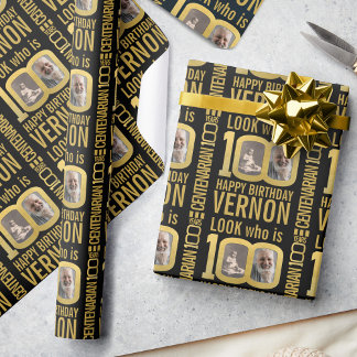 Papier Cadeau 100th birthday black gold custom photos name