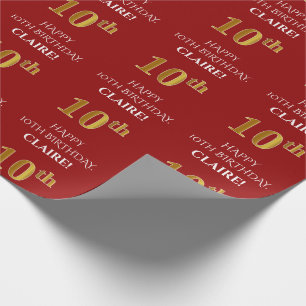 Papier Cadeau 10e anniversaire : Elégant, Rouge, Faux Gold Look