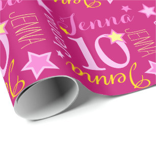 Papier Cadeau 10e anniversaire star nom personnalisé rose jaune