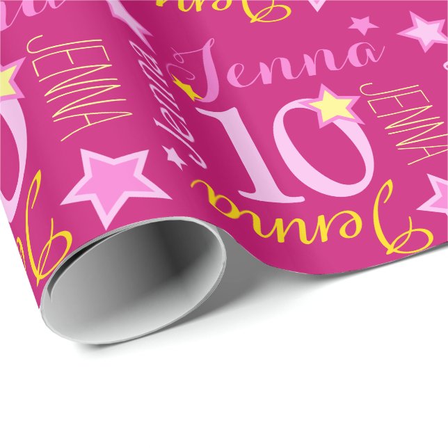 Papier Cadeau 10e anniversaire star nom personnalisé rose jaune (Coin rond)
