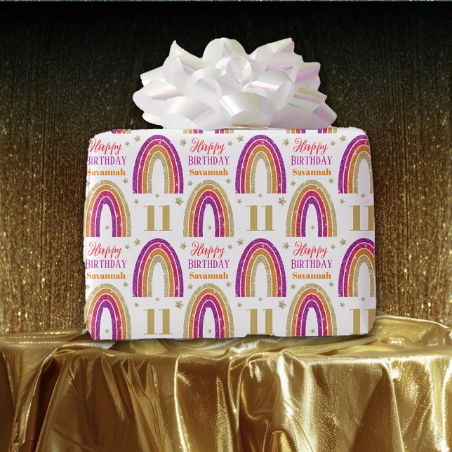 Papier Cadeau 11e anniversaire Parties scintillant rose Nom pers (Créateur téléchargé)