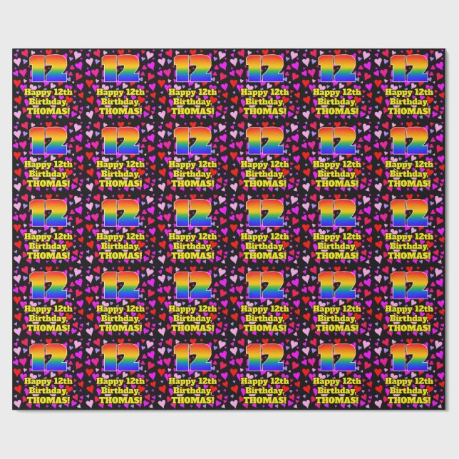 Papier Cadeau 12e anniversaire : Amour Hearts Motif, Arc-en-ciel (Plat)