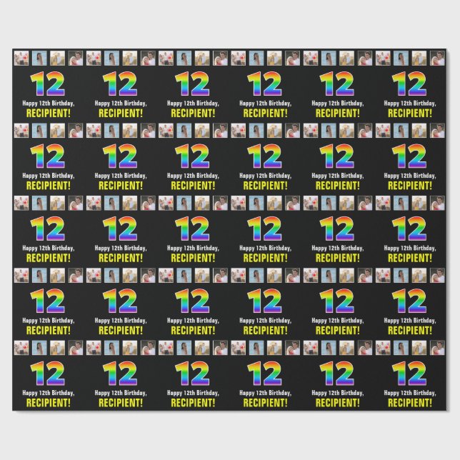 Papier Cadeau 12e anniversaire : Arc-en-ciel "12"; Photos person (Plat)