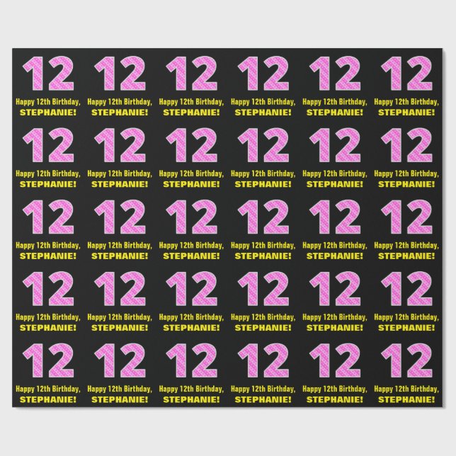 Papier Cadeau 12e anniversaire : Pink Stripes and Hearts "12" +  (Plat)