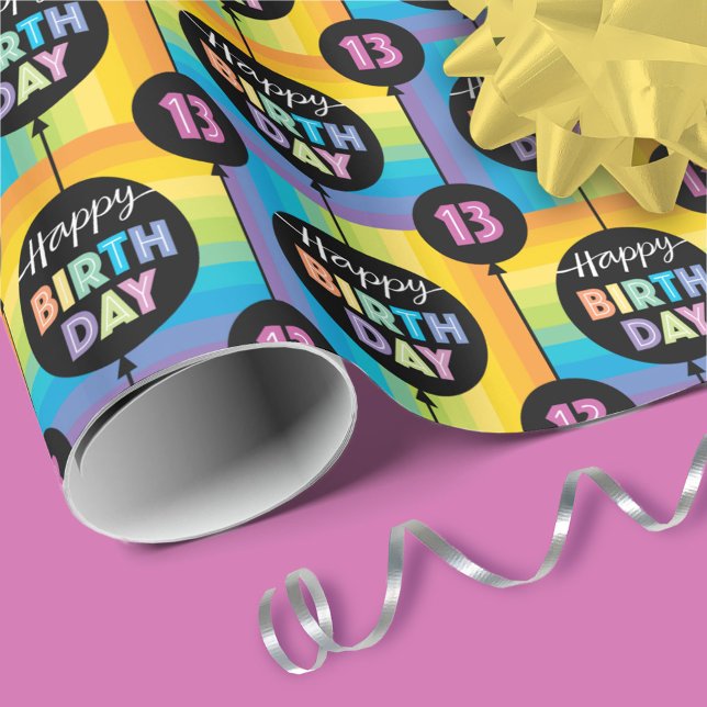 Papier Cadeau 13e Anniversaire Ballons Rainbow Stripe Checks (Créateur téléchargé)