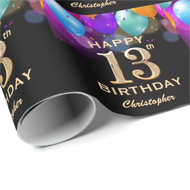 Papier Cadeau 13e anniversaire de la fête Ballons Noir et Or (Coin rond)