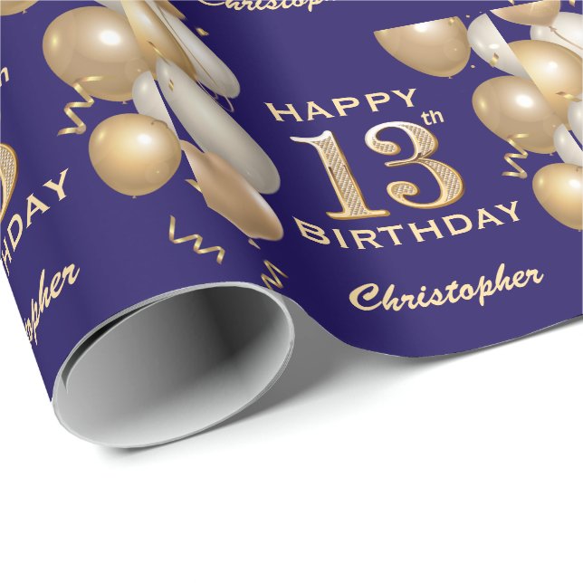 Papier Cadeau 13e anniversaire Marine Bleu et Parties scintillan (Coin rond)