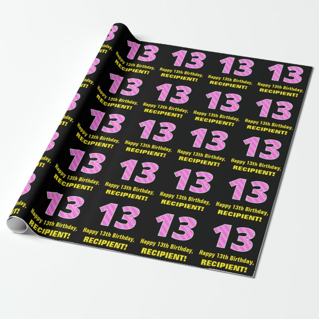 Papier Cadeau 13e anniversaire : Pink Stripes and Hearts "13" +  (Déroulé)