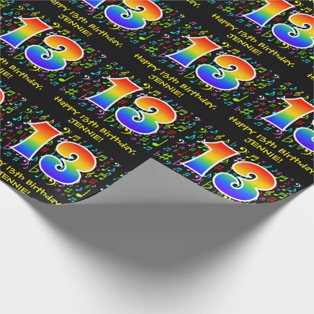 Papier Cadeau 13e anniversaire : Symboles de musique colorée, Ar (Coin)