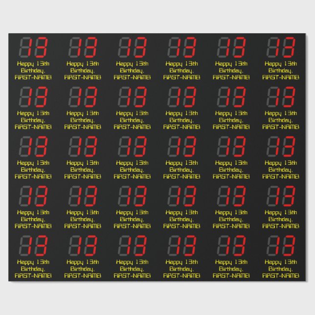 Papier Cadeau 13ème anniversaire : Rouge Digital Horloge Style " (Plat)