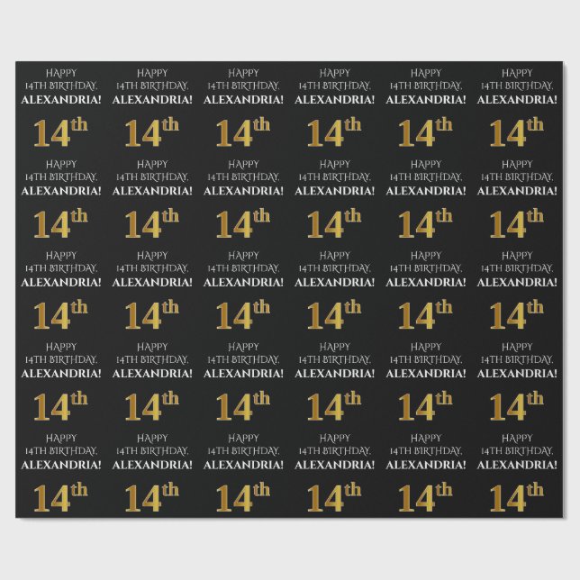 Papier Cadeau 14e anniversaire : Elégant, Noir, Faux Gold Look (Plat)