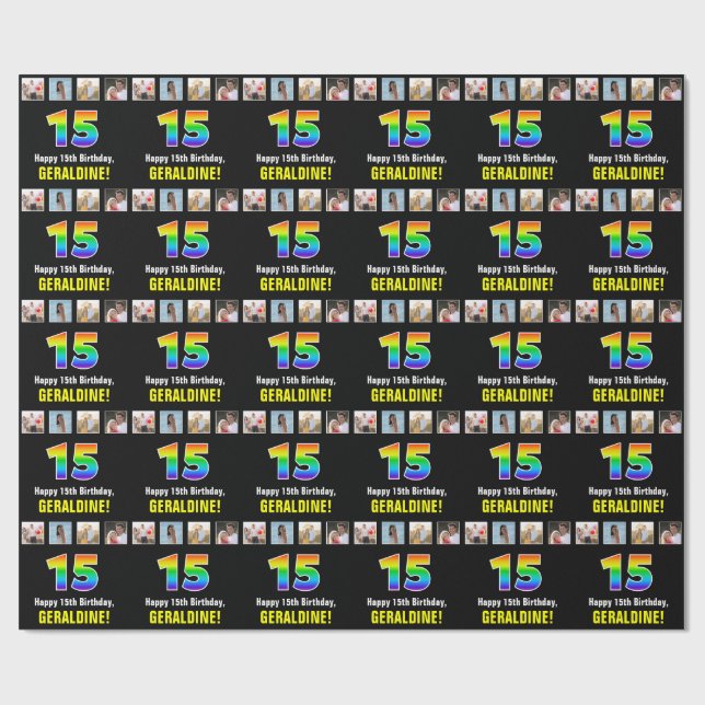 Papier Cadeau 15e anniversaire : Arc-en-ciel "15"; Photos person (Plat)