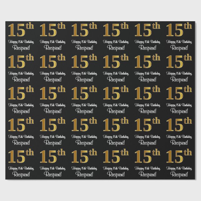 Papier Cadeau 15e anniversaire : Elégant Luxueux Faux Gold Look  (Plat)