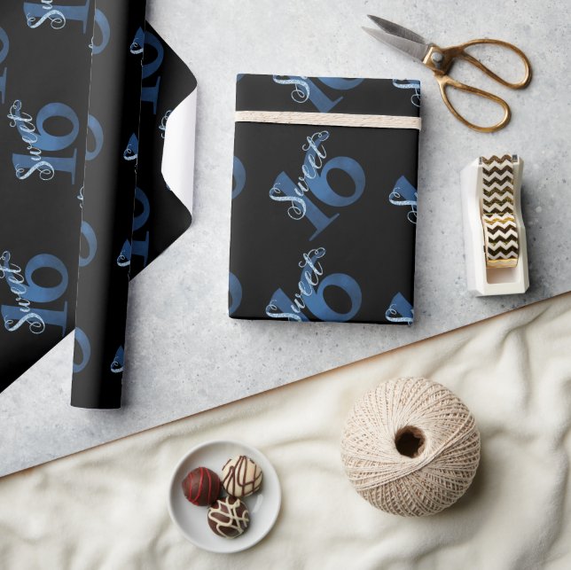 Papier Cadeau 16 ans | Aquarelle bleue et Faux Parties scintilla (Artisanat)